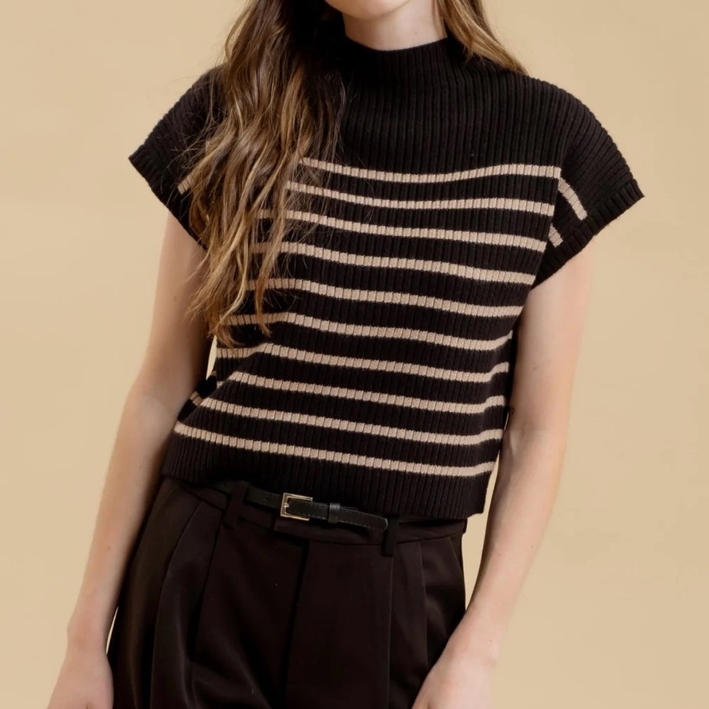 Blu Pepper Black and Tan Striped Funnel Neck  Sweater